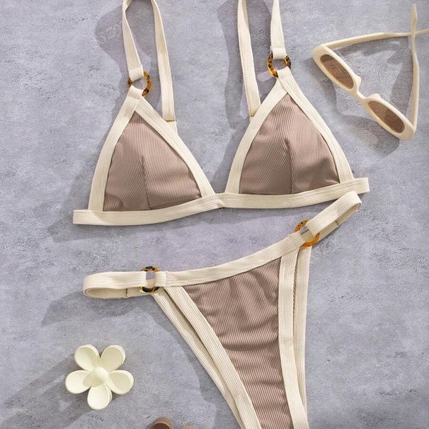Contrast Trim Ribbed Triangle Bikini Two Piece High Cut Beach Swimwear With Tortoise Ring Details_ecoleips.com