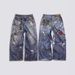 Women's Clothing Printed Flower Trompe L'oeil Vintage Distressed Heavy Low Waist Loose Jeans_ecoleips.com
