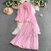 Women's Clothing French Style Three Dimensional Flower Stand Up Collar Bubble Long Sleeved Shirt High Waisted Slim Fitting Pleated Skirt Two Piece Set_ecoleips.com
