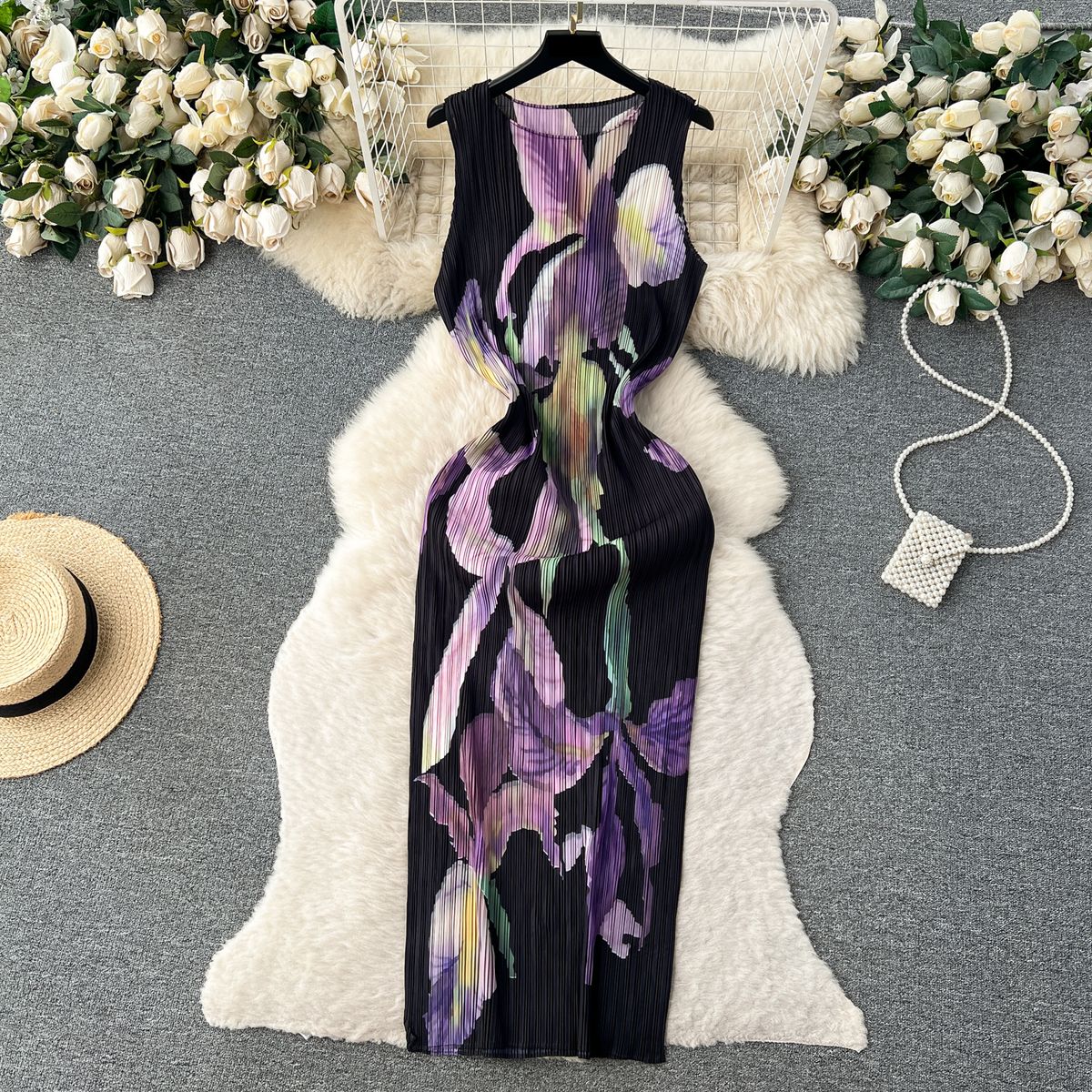 Women's Clothing Printed Dress Women's Summer Sleeveless Pleated Design Tight Waist Slim-fit Niche Extra-fairy Dress_ecoleips.com