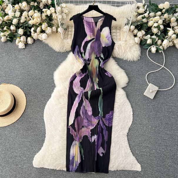 Women's Clothing Printed Dress Women's Summer Sleeveless Pleated Design Tight Waist Slim-fit Niche Extra-fairy Dress_ecoleips.com