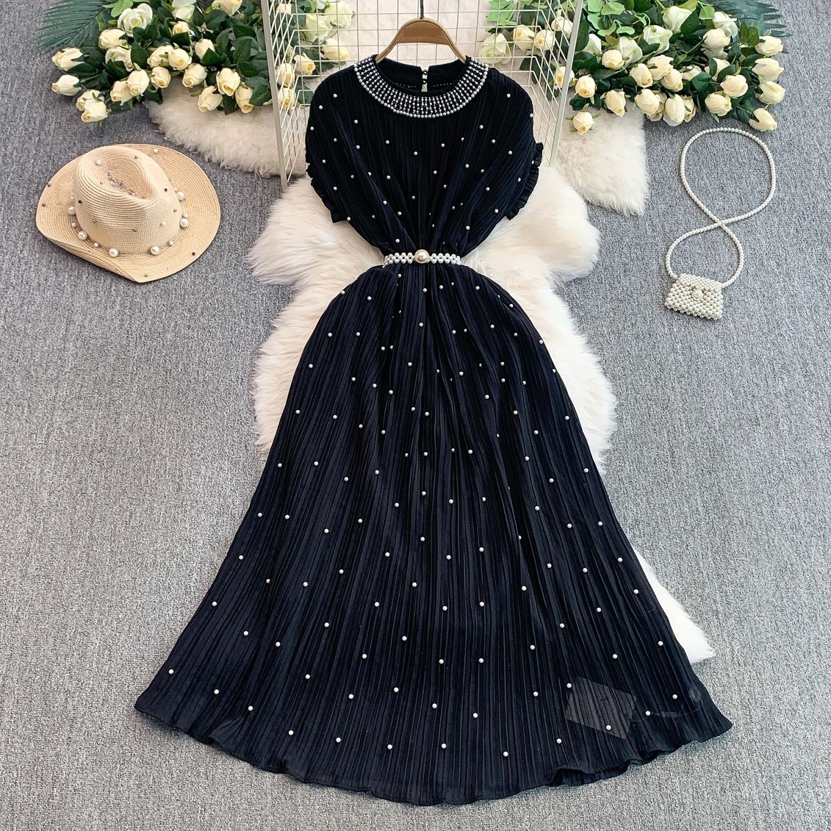 Women's Clothing Light Luxury Celebrity Heavy Beaded Round Neck Dress Female Summer Waist Slimming Pleated Elegant Dress Long Skirt_ecoleips.com
