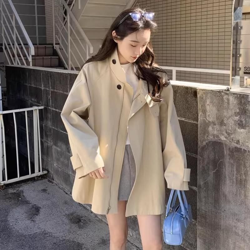 Korean Chic Trench Coat – Oversized British-Inspired Lapel Jacket With Belt (Beige/Black, M-3XL)_ecoleips.com