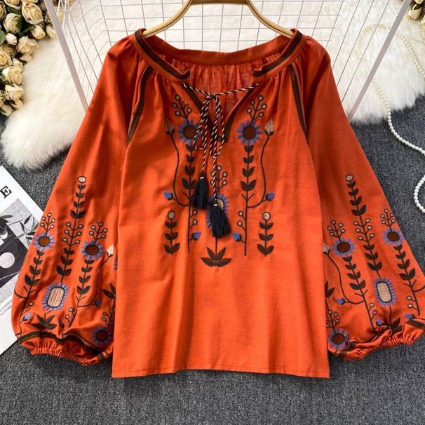 Women's Retro Artistic Round Neck Pullover Shirt Loose Embroidered Cotton Linen Casual Top For Spring Autumn_ecoleips.com