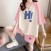 Women's Trendy Two Piece Suit Set Loose Casual Short Sleeved Top with Elastic Pants Milk Silk Print Stitching Contrast Color_ecoleips.com