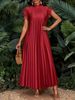 Elegant Plus Size Dress, Women's Long Dress With Pleated Short Sleeves, Bridesmaid Dress, Loose Fit, Casual, Elegant Party Dress, Spring/Summer Attire_ecoleips.com