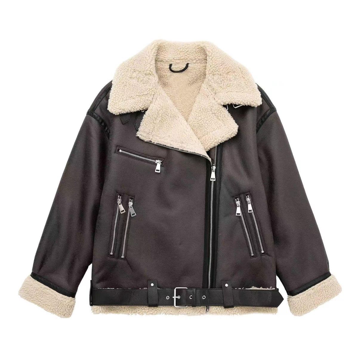 Men's & Women's Winter Faux Leather Shearling Jacket, Oversized Zip-Up Biker Coat With Plush Lining, Streetwear Outerwear For Casual & Urban Style_ecoleips.com