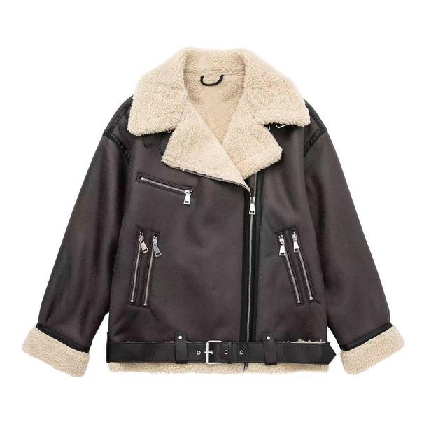 Men's & Women's Winter Faux Leather Shearling Jacket, Oversized Zip-Up Biker Coat With Plush Lining, Streetwear Outerwear For Casual & Urban Style_ecoleips.com
