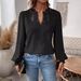 Women's Autumn V Neck Lace Trimmed Solid Color Shirt_ecoleips.com