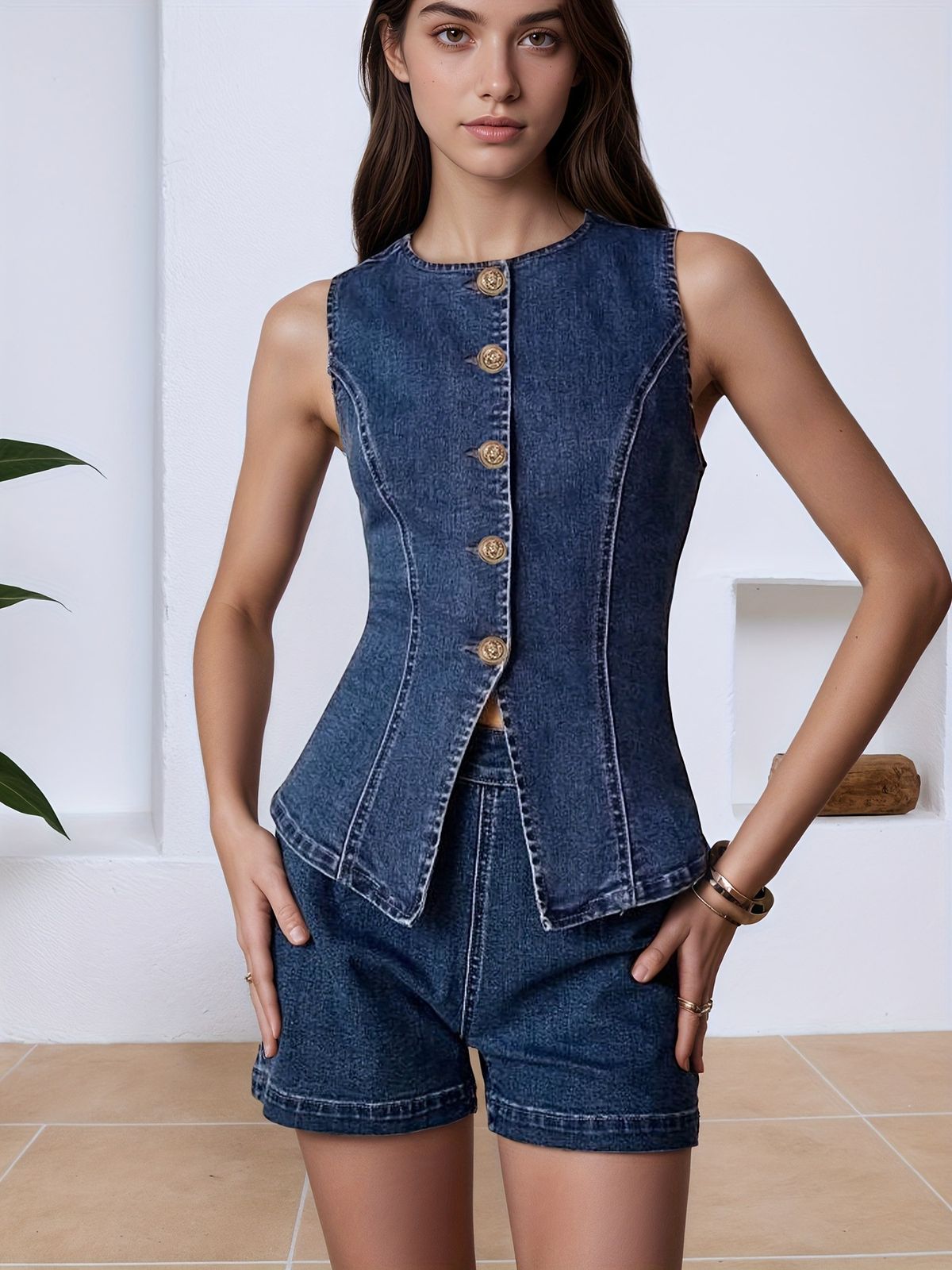 Cross-border Women's Denim Waist-cinching Stretch With Three-dimensional Floral Buttons, Sleeveless Vest (top Only)_ecoleips.com