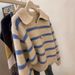 Women's Blue Striped Polo Neck Knit Sweater - Soft & Cozy Oversized Pullover For Autumn Winter, Casual Loose Fit Top For Layering_ecoleips.com