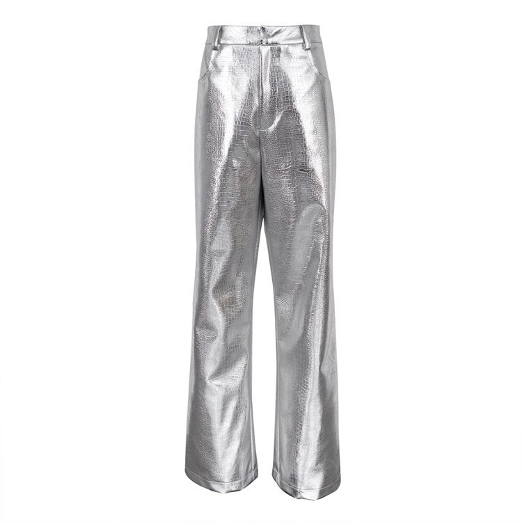European And American Style Women's High-Waisted Silver PU Leather Pants Autumn Winter Fashion Scale Pattern Long Straight Leg_ecoleips.com