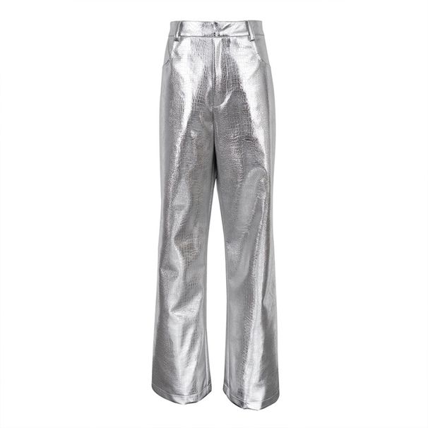 European And American Style Women's High-Waisted Silver PU Leather Pants Autumn Winter Fashion Scale Pattern Long Straight Leg_ecoleips.com