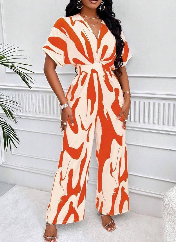Women's Clothing Spring And Summer New Short Sleeved Printed Waist Jumpsuit Fashionable Wide Leg Women_ecoleips.com