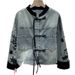 Women's Chinese Style Denim Jacket, Vintage Frog Button Floral Embroidered Jean Coat, Pink Trim Stand Collar Cropped Casual Outerwear For Daily Street_ecoleips.com