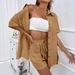 Women's Casual Loose Short Sleeve Shirt Set Single Breasted Two Piece Solid Color Fashion Shorts_ecoleips.com