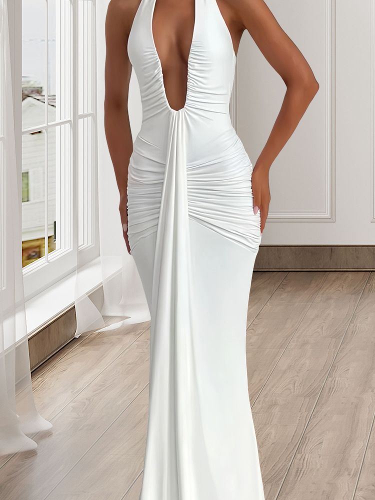 Elegant Halter Neck Sleeveless Backless Long Dress For Women Solid Color Sexy Deep V_ecoleips.com