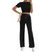 Voya Women's Clothing European And American Sports Style Fashion Short Sleeved Slim Fit Knitted Short Sleeved High Waisted Wide Leg Pants Two-piece Set_ecoleips.com