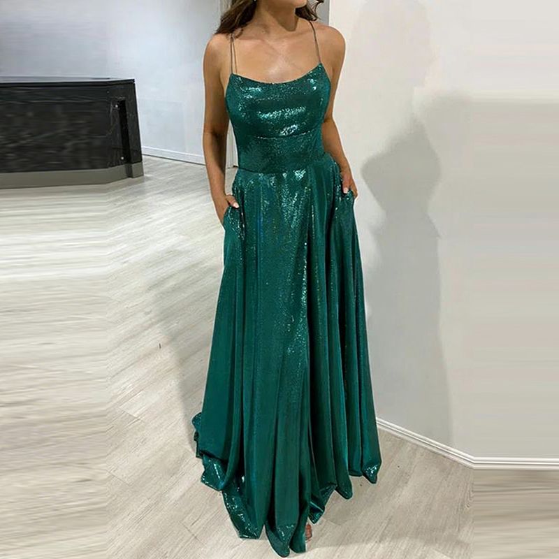 Women Elegant Off Shoulder Hollow Long Dress 2026 Fashion Split Shinny Solid Party Dress Sexy Bandage Sleeveless Suspender Dress_ecoleips.com