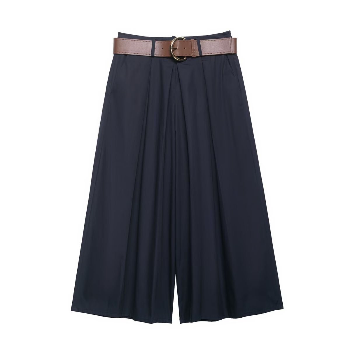 Women's Wide-Leg Pull-On Shorts With Belt - Navy Khaki Staple Shorts For Summer, Casual High-Waisted Elastic Waistband_ecoleips.com