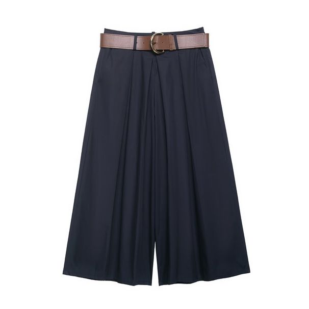 Women's Wide-Leg Pull-On Shorts With Belt - Navy Khaki Staple Shorts For Summer, Casual High-Waisted Elastic Waistband_ecoleips.com