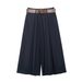 Women's Wide-Leg Pull-On Shorts With Belt - Navy Khaki Staple Shorts For Summer, Casual High-Waisted Elastic Waistband_ecoleips.com