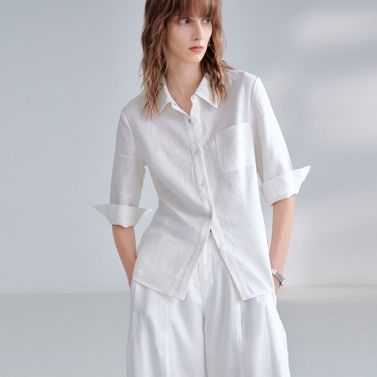 Women's Pure Linen Short Sleeved Collared Shirt Spring Summer Linen Top Office Appropriate Fitted Waist Commuting Style_ecoleips.com