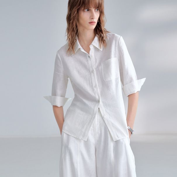Women's Pure Linen Short Sleeved Collared Shirt Spring Summer Linen Top Office Appropriate Fitted Waist Commuting Style_ecoleips.com
