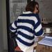 Women's Clothing New Blue And White Striped Contrast Color Loose Lazy Versatile Knitted Sweater Women_ecoleips.com