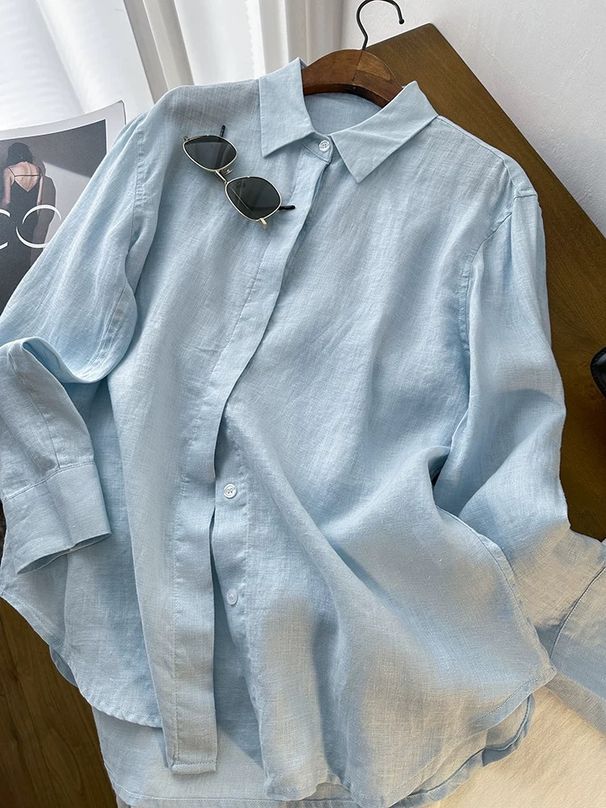 Women's Clothing Linen Plant Dyed Simple Temperament Basic Style Solid Color Loose Long Sleeved Shirt Tops_ecoleips.com