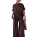 Women's Clothing Solid Color Casual Loose Comfort Round Neck Wide Leg Pants Suit_ecoleips.com