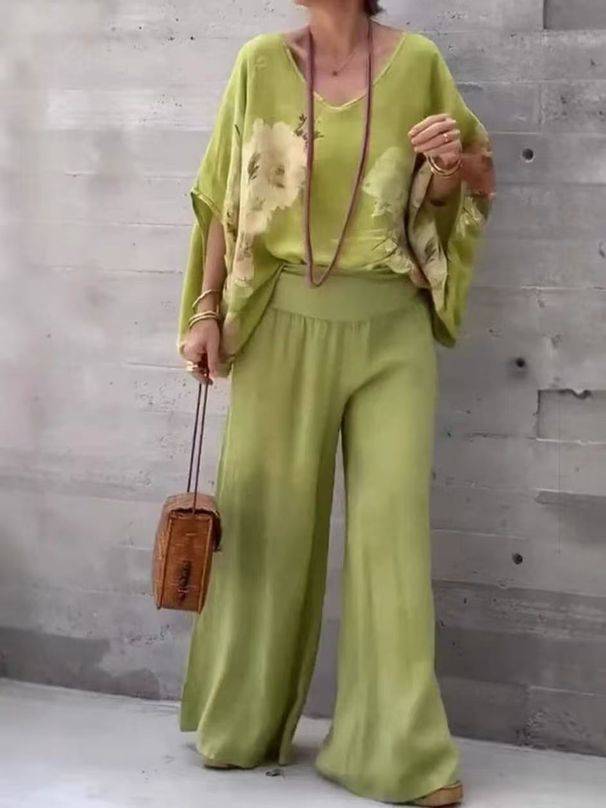 Women's Clothing V Neck Cotton And Linen Printed Tops And Trousers Casual Suits_ecoleips.com