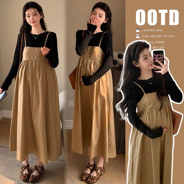 Autumn New Korean Fashion Knitted Top + Khaki Adjustable Strap Dress Two-Piece Set For Pregnant Women_ecoleips.com