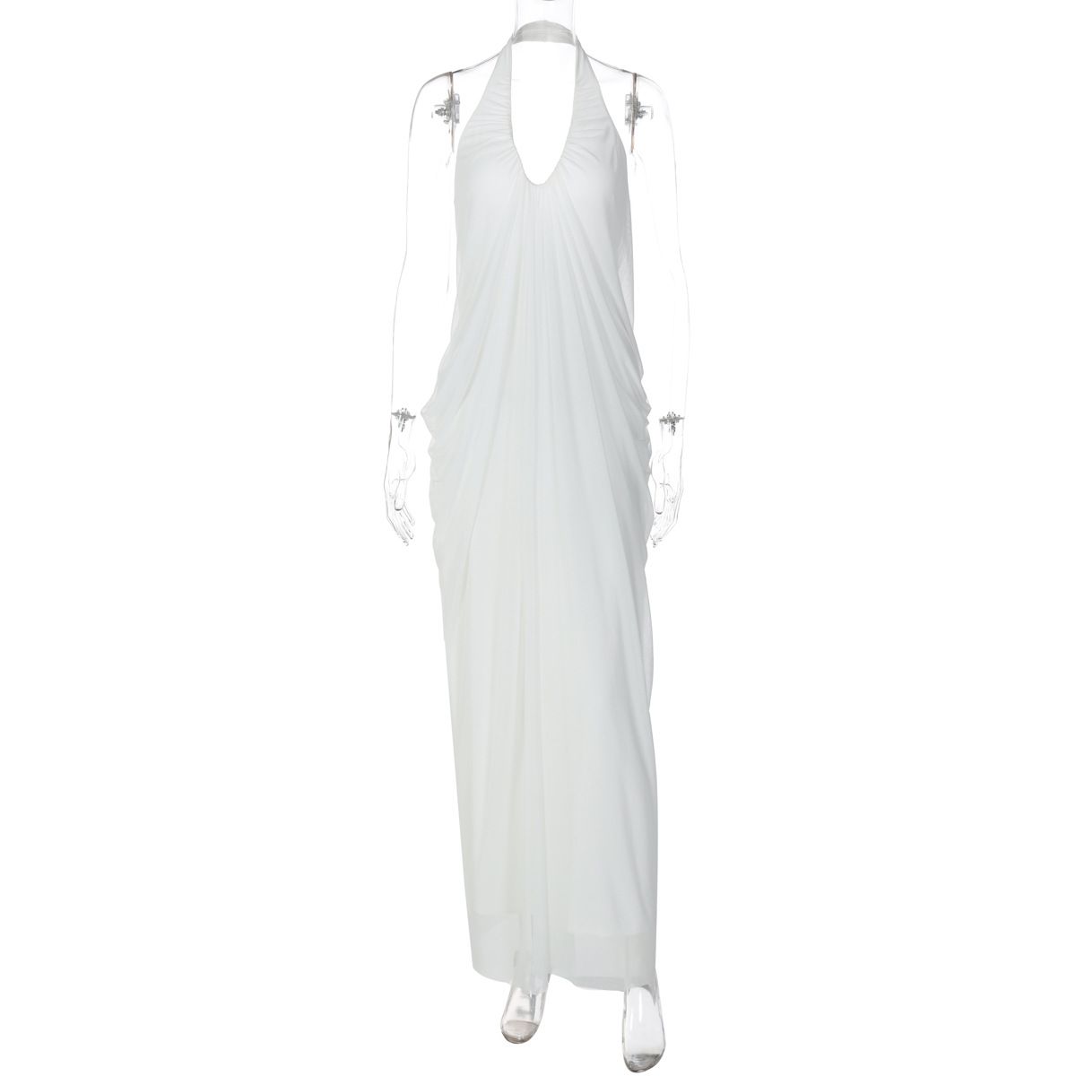 ZOEVA Women's Clothing 2026 Summer New Sexy Loose Backless Sleeveless V-neck Pleated Long Neck Mesh Dress_ecoleips.com