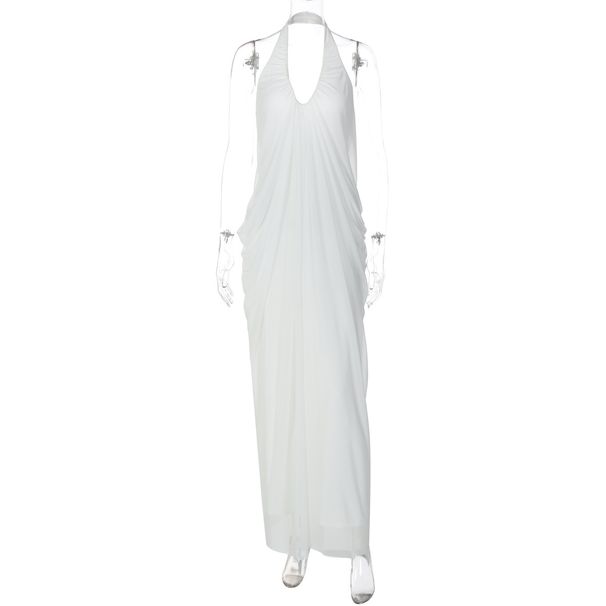 ZOEVA Women's Clothing 2026 Summer New Sexy Loose Backless Sleeveless V-neck Pleated Long Neck Mesh Dress_ecoleips.com