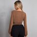 Voya Women's V-neck Slim Fit Top Fried Dough Twists Fabric Long Sleeve T-shirt Versatile Backing Shirt Elegant Style_ecoleips.com
