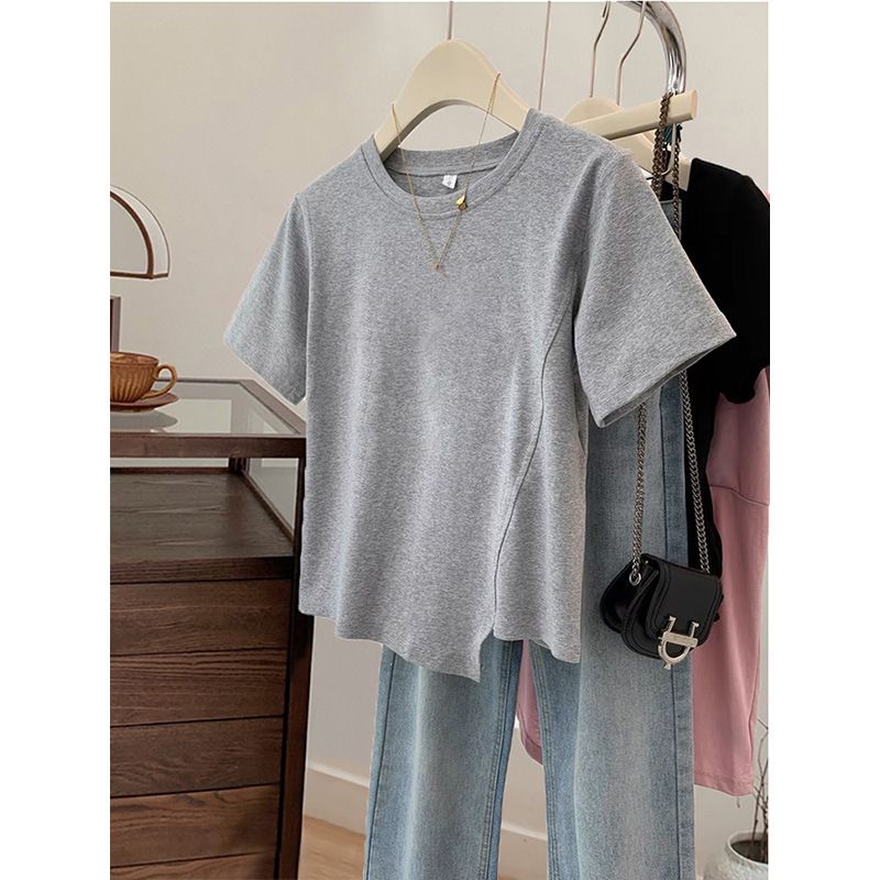 Women's Korean Style Short Sleeve T-Shirt – Asymmetrical Design, Oversized Fit, Fashionable Crew Neck (S-3XL, 5 Unique Styles)_ecoleips.com