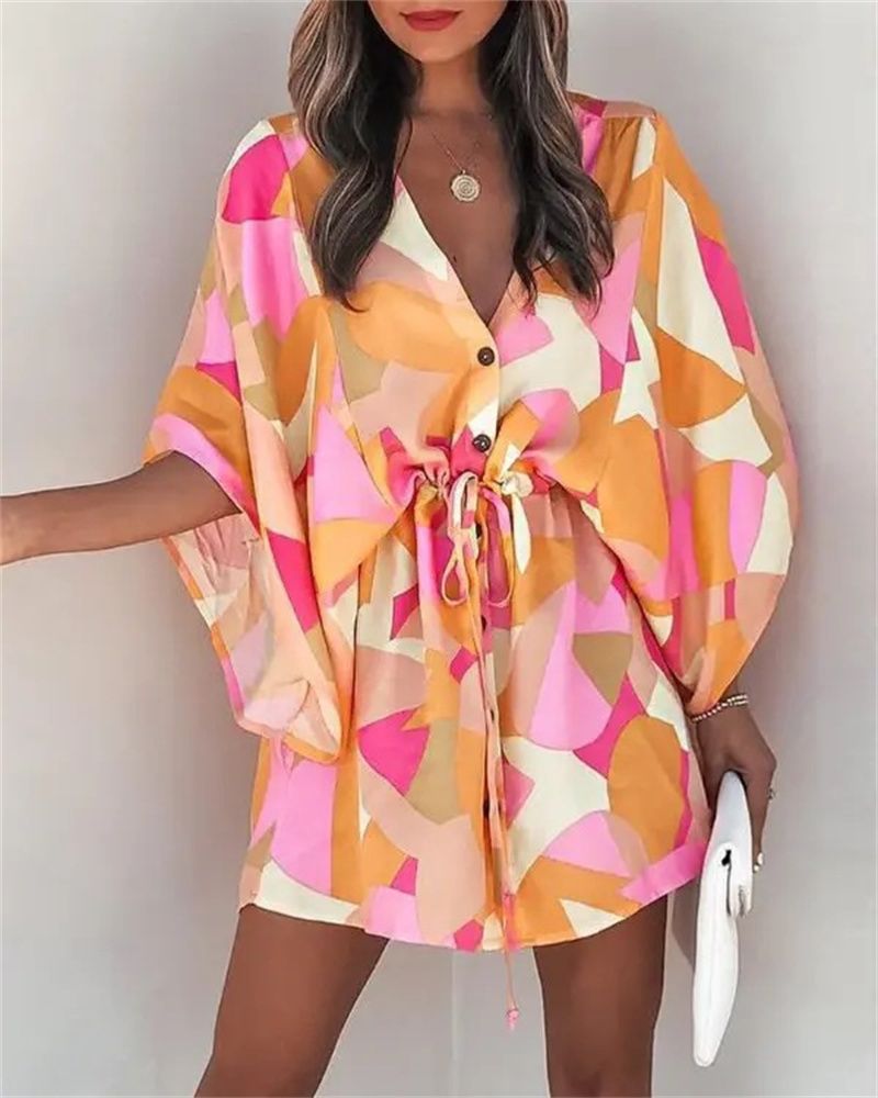Women Print Dress Sexy V-Neck Bat Sleeve Ruffl Flowers Print Bohemian Beach Sundress Ladies Loose Summer Vacation Mini Dresses_ecoleips.com