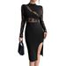 European And American Cross-border 2026 Autumn New Women's Solid Color Contrasting Lace Slit Sexy Bodycon Dress_ecoleips.com