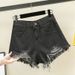 New Rough-edged Denim Shorts Women's Large Size Fat Mm Loose Korean Version A-shaped Ripped Hot Pants_ecoleips.com