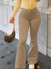 Women's High-Waisted Flared Jeans With Zipper Detail - Stretchy Quilted Denim, Street Style & Comfort Fit, Solid Color Casual Pants_ecoleips.com