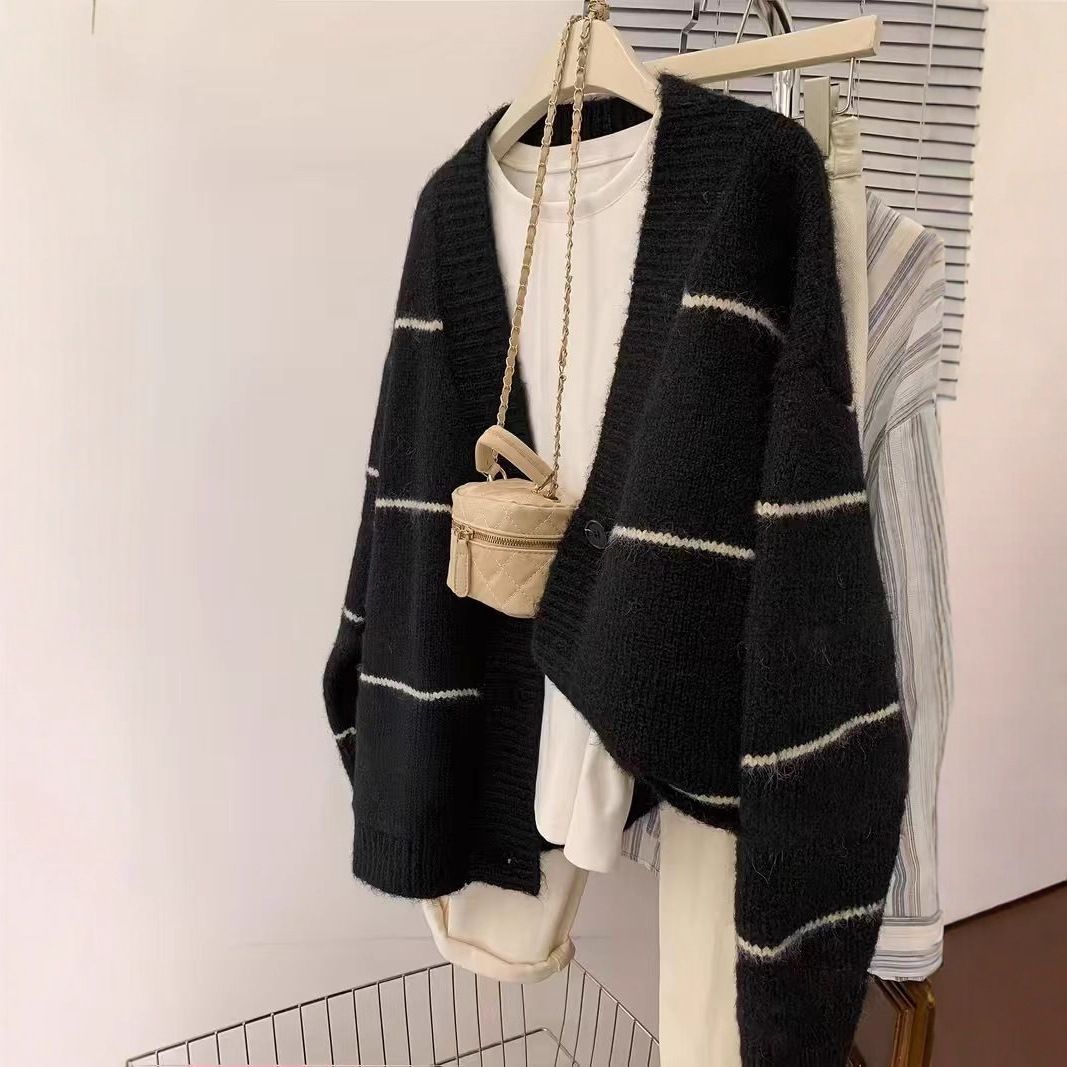 European And American Cross-border Knitted Cardigan Sweater, Casual Style Striped V-neck Long-sleeve Sweater Coat_ecoleips.com