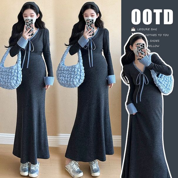 Autumn New Korean Fashion Knitted Plaid Patchwork Tie Maternity Dress_ecoleips.com