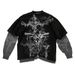 Skull Graffiti Print T-Shirt Women's Casual Long Sleeve Fake Two Piece Street Fashion Top New_ecoleips.com