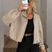 Women's Textured Zip-Up Stand Collar Jacket, Casual Loose Long Sleeve Drawstring Hem Cropped Coat, Elastic Cuff Lightweight Outerwear For Daily Wear S_ecoleips.com
