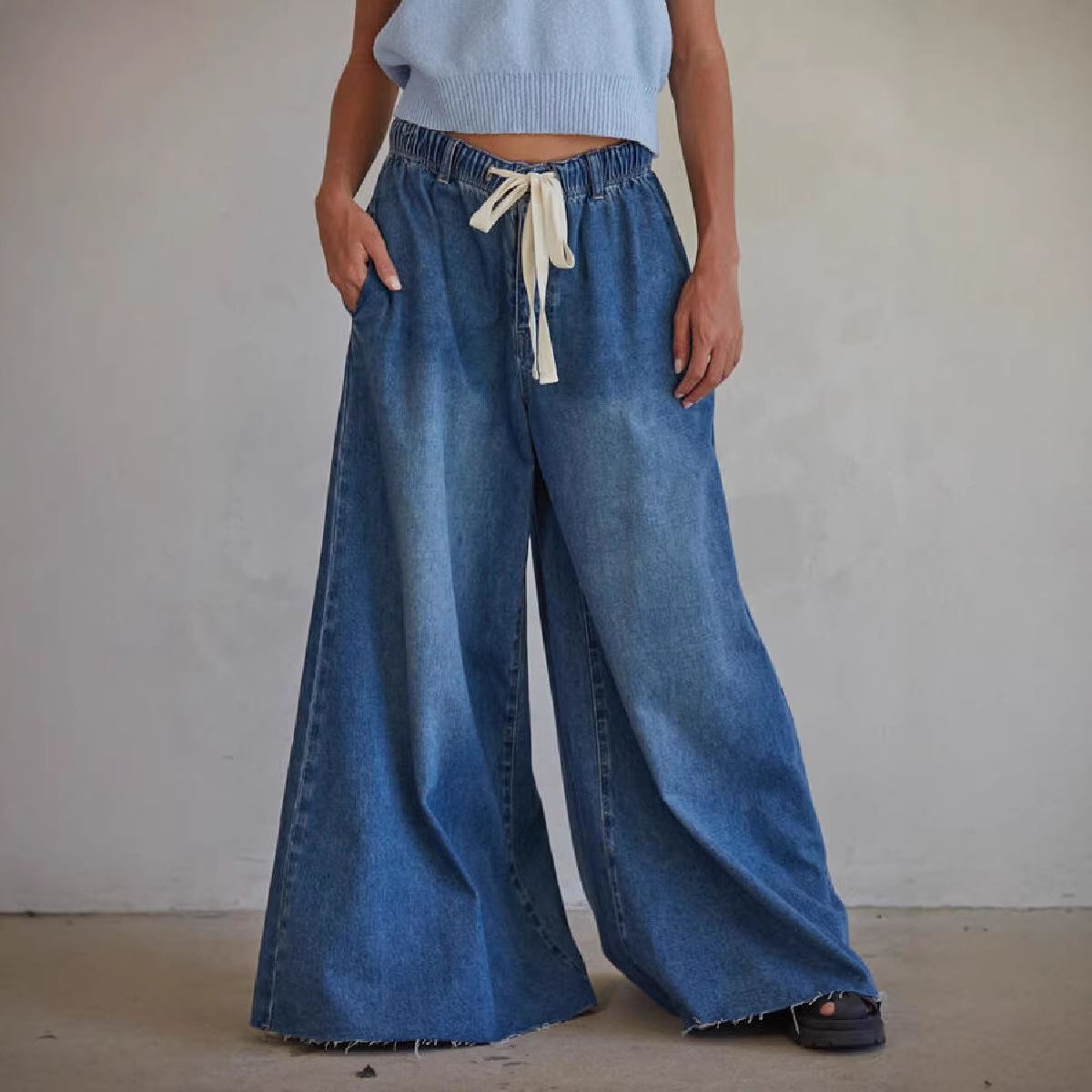 Women's Wide Leg Jeans Drawstring Elastic Waist Loose Straight Leg Pants Spring Autumn Fashionable Casual Denim_ecoleips.com