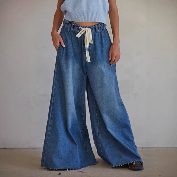 Women's Wide Leg Jeans Drawstring Elastic Waist Loose Straight Leg Pants Spring Autumn Fashionable Casual Denim_ecoleips.com