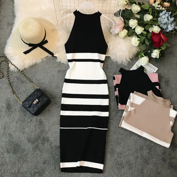 2026 Summer Women's Hanging Neck Knit Long Dress Round Neck Stripes Hit Color Waist Slim Slim Ming Knit Long Dress Office Lady_ecoleips.com