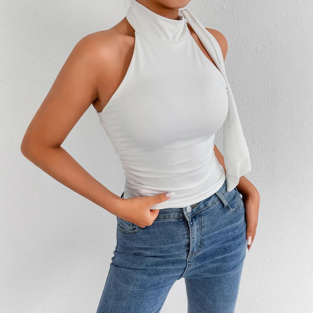 New Summer Sleeveless Top, Open Button Backless Neck Strap Tight Women's T-shirt_ecoleips.com