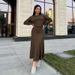 Women's Oversized Knit Sweater Dress – Long Sleeve Round Neck Pullover With Pleated Hem, Stretchy Polyester-Spandex Blend For Loungewear & Casual Chic_ecoleips.com